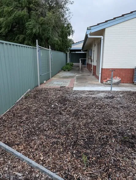 Side yard before: loose wood chips and uneven ground